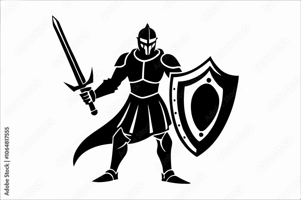 Medieval Knight Silhouette Vector with Sword and Shield Medieval Knight Silhouette Vector with Sword and Shield