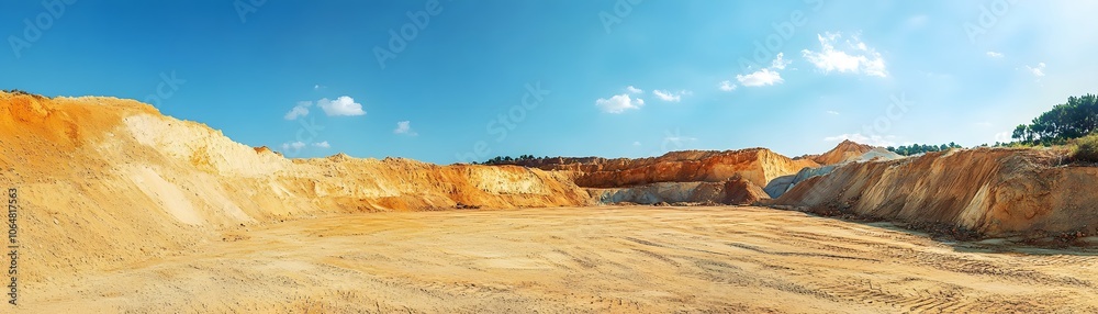A panoramic view of a vast sand quarry with towering cliffs under a clear blue sky. A panoramic view of a vast sand quarry with towering cliffs under a clear blue sky.