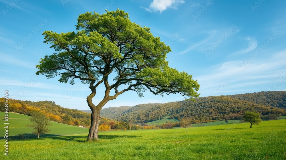 Fototapeta premium Solitary Tree in a Green Meadow - Tilt-Shift Photography for Stunning Landscape Visuals