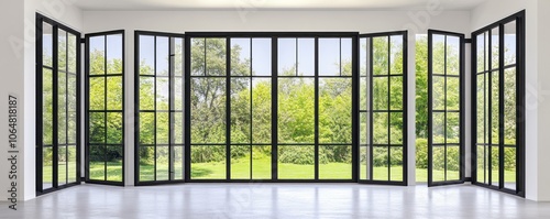 A spacious room with large windows offering a view of a lush green landscape.