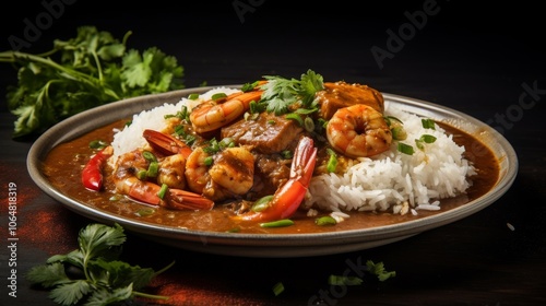 Savory gumbo with tender seafood, rich spiced sauce, fresh thyme garnish, and fluffy white rice.