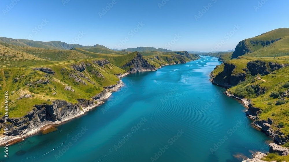 Obraz premium Panoramic River View Surrounded by Lush Green Hills - High-Resolution Nature Photography