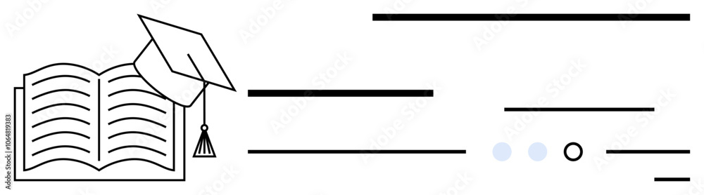 Open book with a graduation cap, symbolizing education and achievement. Stylized lines indicate progress, with three dots and a circle. Ideal for education, graduation, teaching, learning, academic Open book with a graduation cap, symbolizing education and achievement. Stylized lines indicate progress, with three dots and a circle. Ideal for education, graduation, teaching, learning, academic