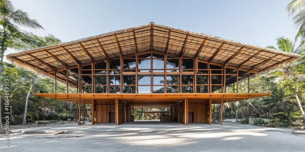Modern architectural structure with a thatched roof surrounded by greenery. Modern architectural structure with a thatched roof surrounded by greenery.