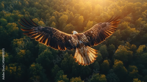A majestic eagle soaring above a dense forest, its sharp gaze fixed on the ground below, wings stretched wide against a vibrant sunset.