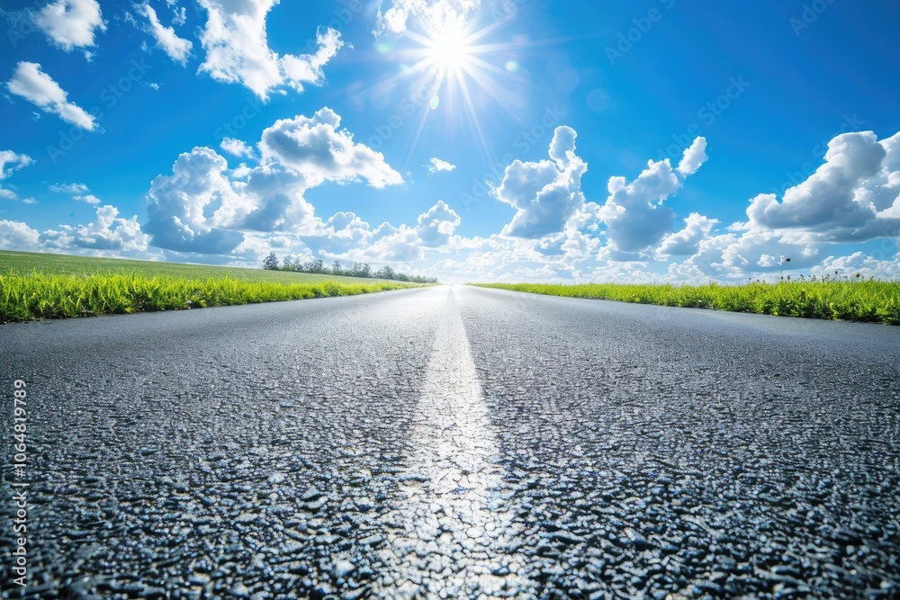 A road through a grassy field with the sun shining through clouds A road through a grassy field with the sun shining through clouds