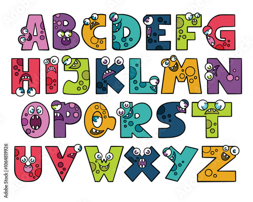 Monster cartoon colorful font shaped alphabet set