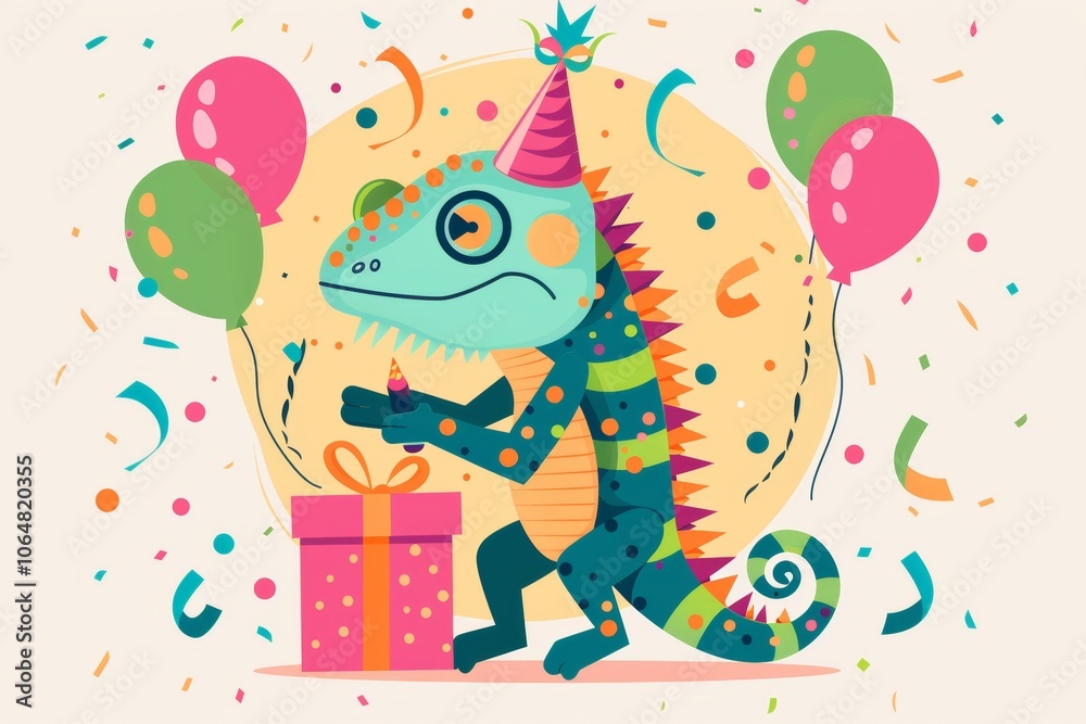 Naklejka premium Festive chameleon celebrates with balloons and confetti
