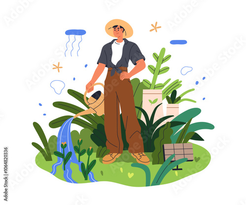 Eco-friendly gardening concept. Green conscious gardener watering plants, care for nature and environment, protecting ecology. Ecological flat vector illustration isolated on white background