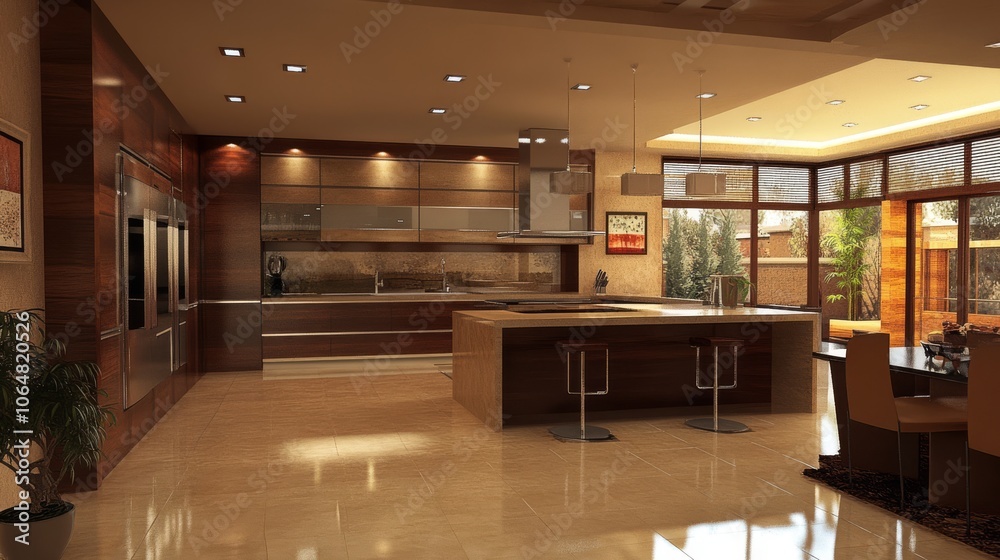 A spacious and contemporary kitchen in a house. A spacious and contemporary kitchen in a house.