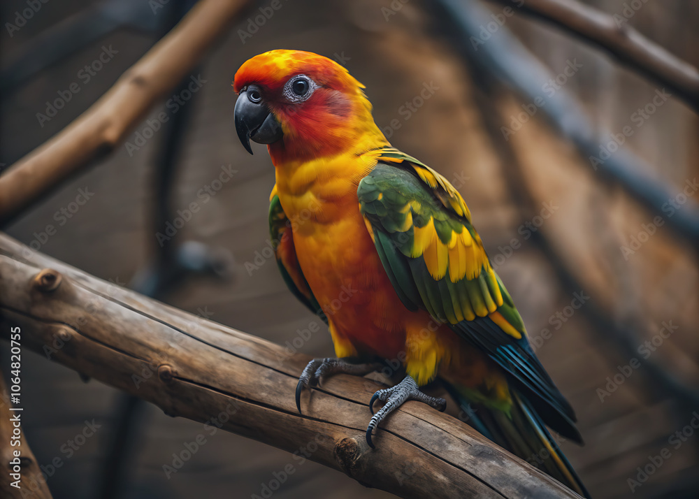 Obraz premium Sun conure perched on branch with green and orange feathers. 