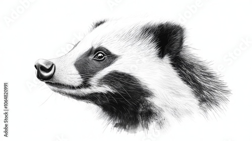 A striking portrait of a wild badger, with its black and white markings, created in a fine art style. The badger is from the United Kingdom. photo