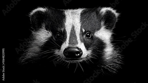 A striking portrait of a wild badger, with its black and white markings, created in a fine art style. The badger is from the United Kingdom. photo