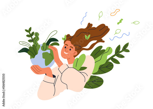 Ecology protection, nature and environment conservation concept. Saving planet for eco sustainable development. Happy woman holding Earth. Flat vector illustration isolated on white background