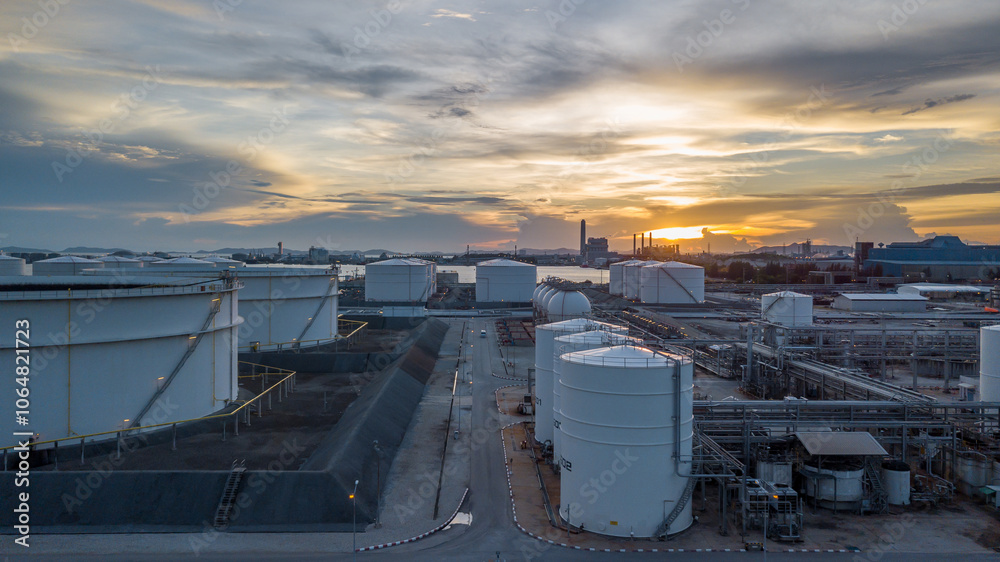 Obraz premium Aerial view oil and gas refinery depot industrial facility storage tank petrochemical, Crude oil and gas refinery depot terminal, Storage tank petroleum petrochemical oil and gas refinery oil and gas.