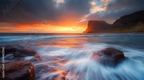 A stunning sunset over Talisker Beach on the Isle of Skye, Scotland. The long exposure captures the waves crashing on the rocks. photo