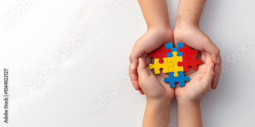 Children's hands holding colorful puzzle pieces together,symbolizing teamwork,autism awareness,connection,problem-solving,collaboration,child development,mental health support through community,