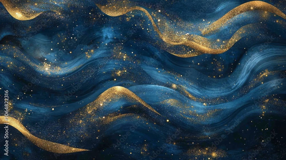 A stylish 2025 calendar design. It features sparkling gold waves and glitter on a deep blue background. A stylish 2025 calendar design. It features sparkling gold waves and glitter on a deep blue background.