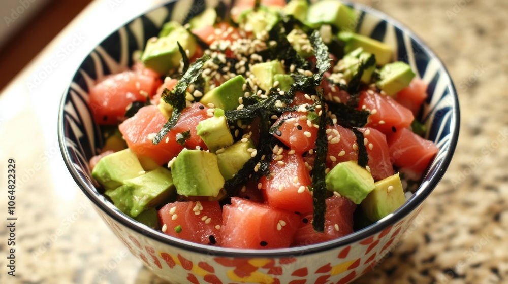 A refreshing poke bowl featuring diced raw fish, avocado, A refreshing poke bowl featuring diced raw fish, avocado,