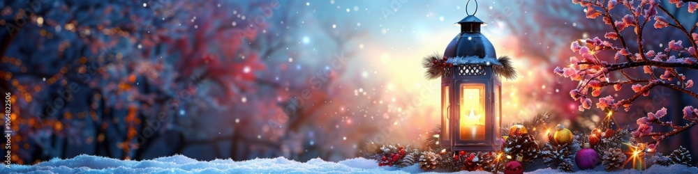 A decorative lantern with a glowing candle surrounded by snow covered branches and red berries, creating a magical winter scene.
A decorative lantern with a glowing candle surrounded by snow covered branches and red berries, creating a magical winter scene.