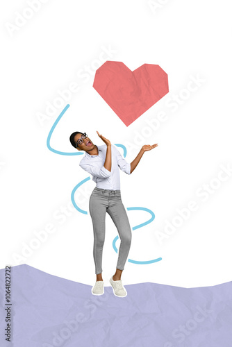 Composite collage picture image of excited positive impressed young woman smm manager marketer blogger heart social media icon love sigh