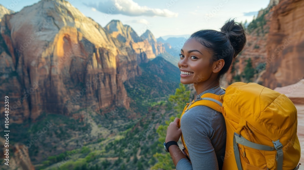 Naklejka premium A woman with a bright yellow backpack smiles happily as she takes in the breathtaking view of the towering mountains. This is a perfect example of an active lifestyle, full of adventure and travel.