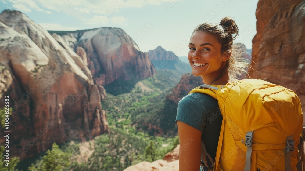 Naklejka premium A woman with a bright yellow backpack smiles happily as she takes in the breathtaking view of the towering mountains. This is a perfect example of an active lifestyle, full of adventure and travel.