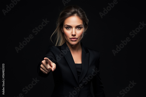 A determined woman in a black suit points directly at the viewer, exuding confidence and authority