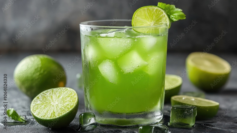 A refreshing green drink with lime and ice, perfect for cooling off. A refreshing green drink with lime and ice, perfect for cooling off.