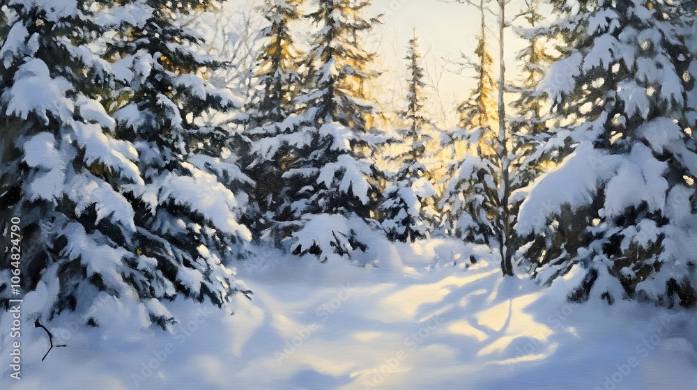 Sunlight breaking through snow-covered evergreen trees, casting golden light on fresh snow. Sunlight breaking through snow-covered evergreen trees, casting golden light on fresh snow.