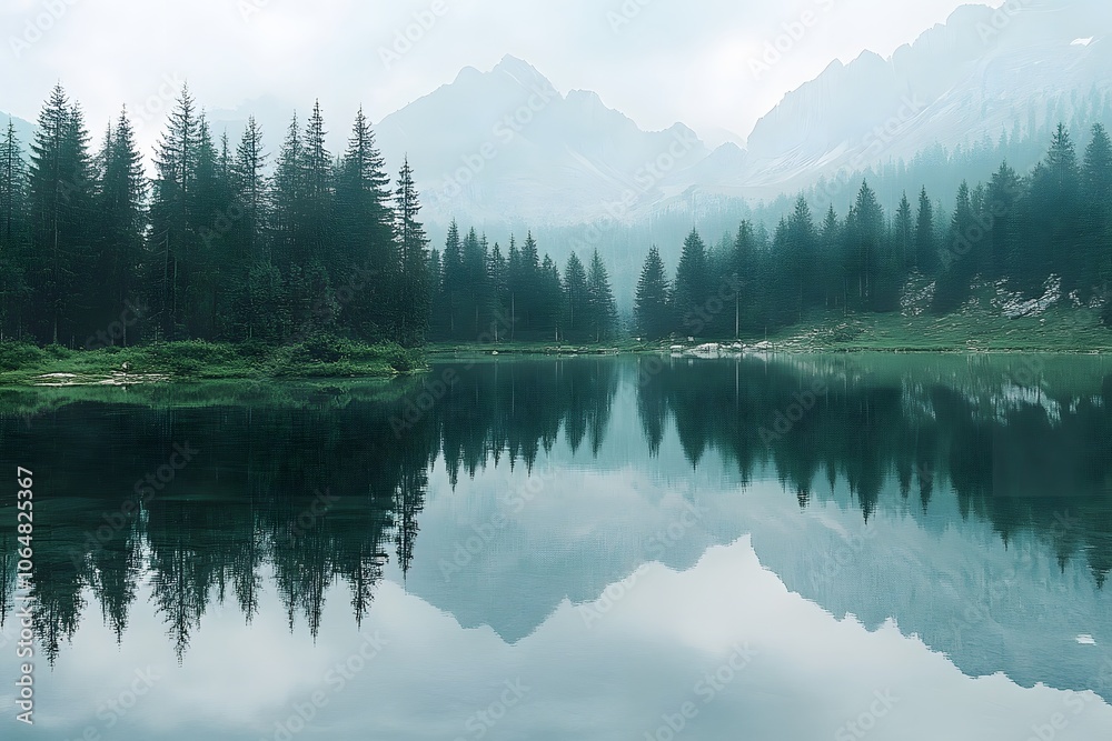 Tranquil Mountain Lake with Pine Forest Reflection Tranquil Mountain Lake with Pine Forest Reflection