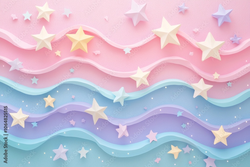 3D render of a cute pastel background with stars and waves. 3D render of a cute pastel background with stars and waves.
