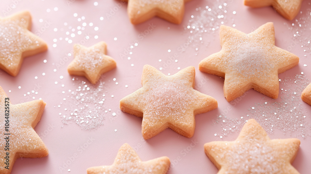 Star-shaped cookies with sparkling sugar on pastel background, perfect for confectionery themes or festive designs. Minimal concept with copy space. Star-shaped cookies with sparkling sugar on pastel background, perfect for confectionery themes or festive designs. Minimal concept with copy space.