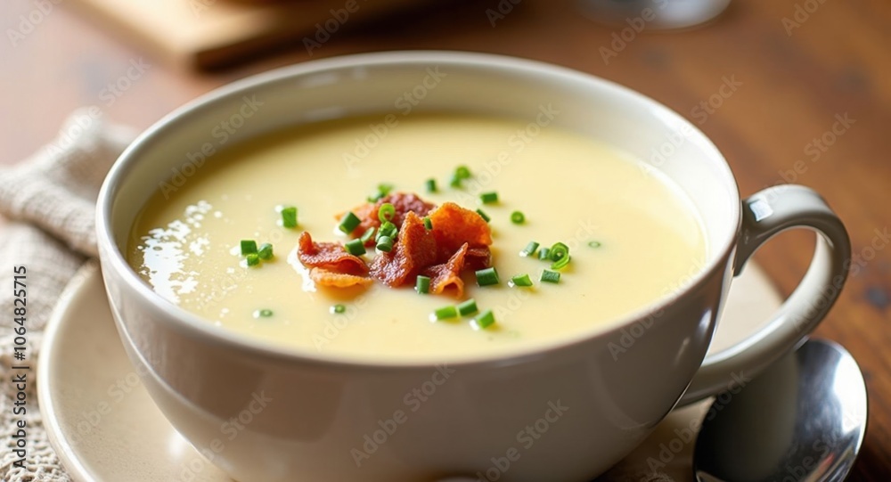 Delicious creamy soup with toppings Delicious creamy soup with toppings