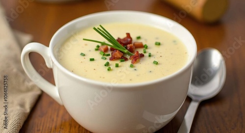 Creamy soup topped with bacon bits photo