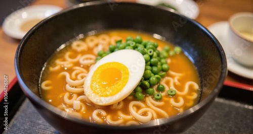 Delicious ramen with egg and peas