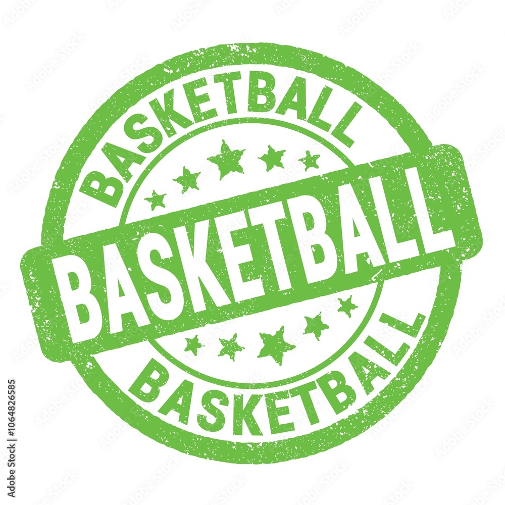 BASKETBALL text written on green round stamp sign. BASKETBALL text written on green round stamp sign.