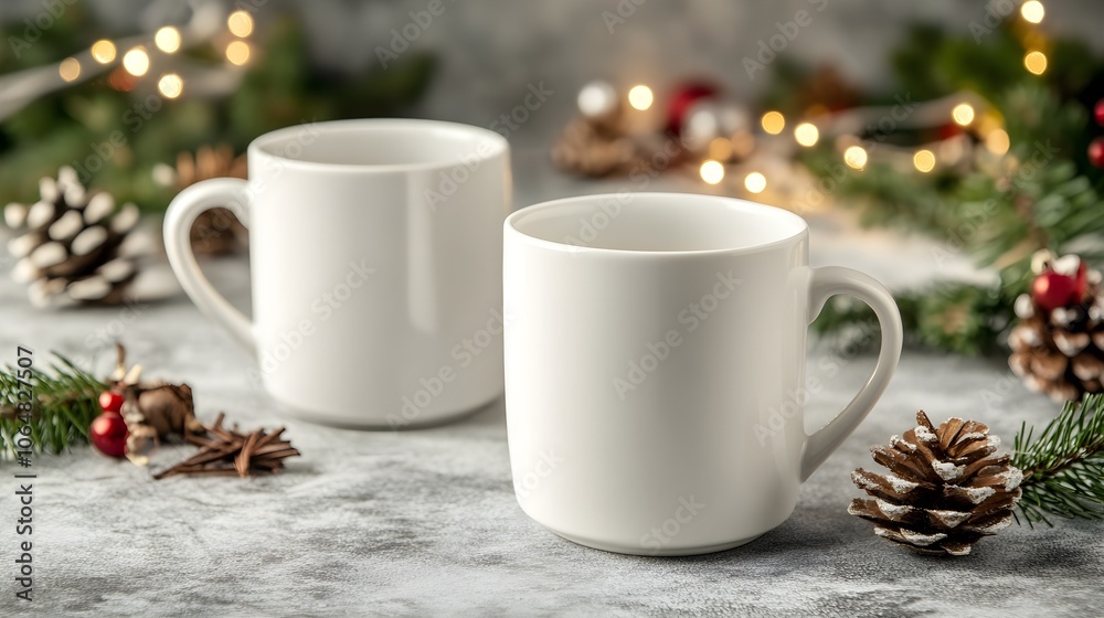 White ceramic tea mug with Christmas decoration and copy space for your design. Mockup for xmas promotional content White ceramic tea mug with Christmas decoration and copy space for your design. Mockup for xmas promotional content