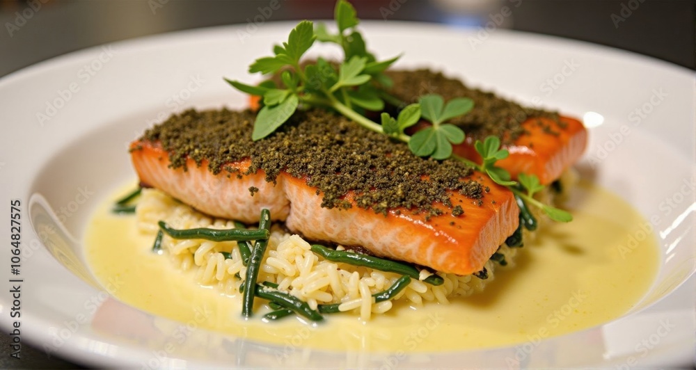 Delicious salmon dish with herbs and rice Delicious salmon dish with herbs and rice