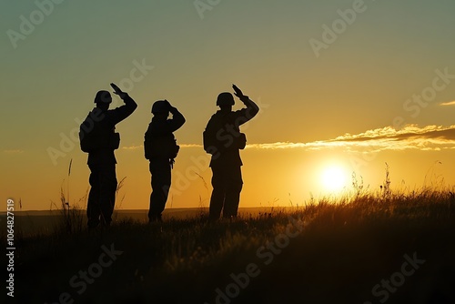 Three Silhouettes of Soldiers Saluting at Sunset