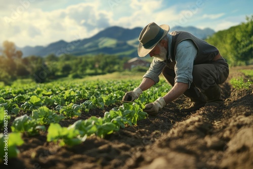 A farmer in a field, focusing on planting, tending crops, and harvesting produce.