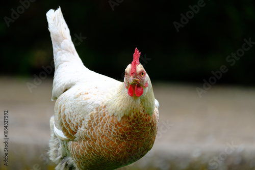 Young bantam hen seen looking at the photographer while searching for food in her free range garden. photo