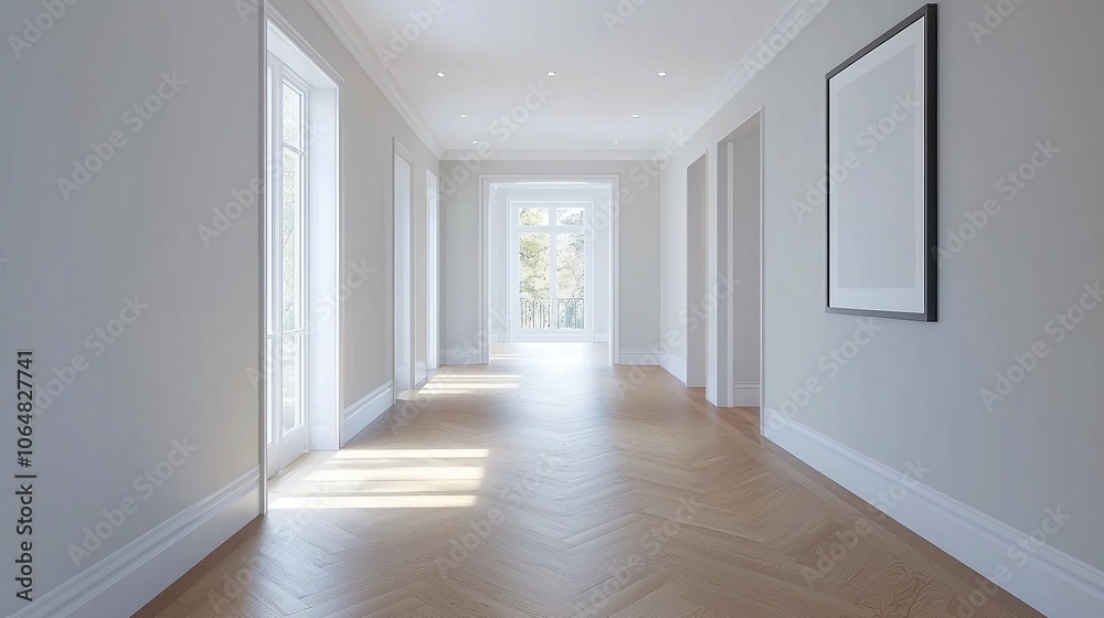 Bright hallway with an empty frame surrounded by wall art, soft shadows, and natural light from a nearby window Bright hallway with an empty frame surrounded by wall art, soft shadows, and natural light from a nearby window