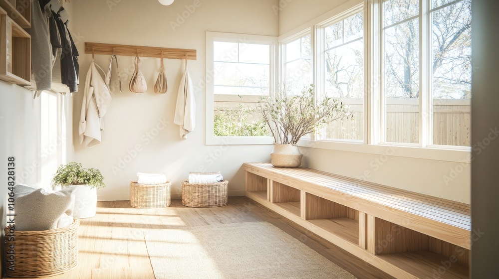 Naklejka premium A Japandi-style mudroom with light wooden benches