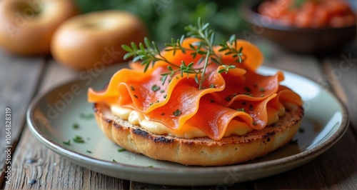 Delicious smoked salmon bagel dish photo