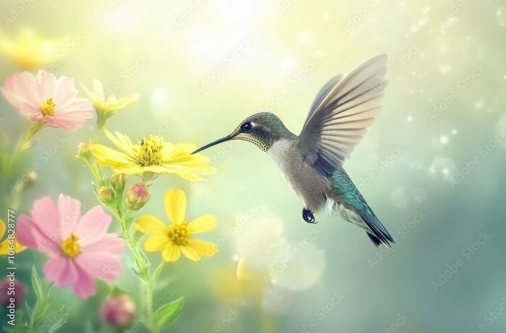 Naklejka premium Close-up of a hummingbird hovering near yellow and pink flowers, with a blurry background