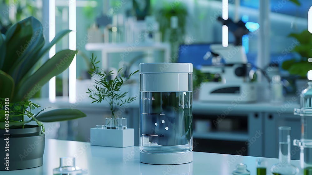 A glass container with no label, set against a white lab environment with microscopes, plants, and organic compounds, illustrating bio-science research in high-definition clarity. A glass container with no label, set against a white lab environment with microscopes, plants, and organic compounds, illustrating bio-science research in high-definition clarity.
