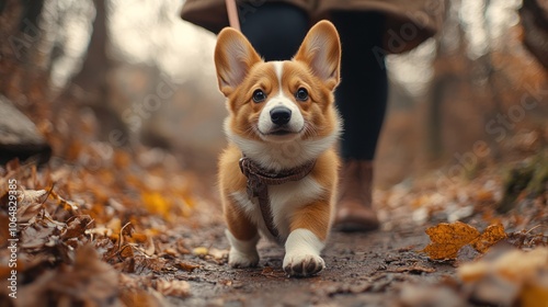 A corgi puppy on a leash walks through autumn leaves on a forest path.