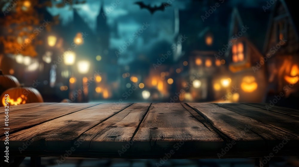 Wooden table and blurred Empty Halloween night background. Tombs. Bats. Pumpkins. Blank of Halloween for the Product. Advertise. Mockup. Copy Space Wooden table and blurred Empty Halloween night background. Tombs. Bats. Pumpkins. Blank of Halloween for the Product. Advertise. Mockup. Copy Space