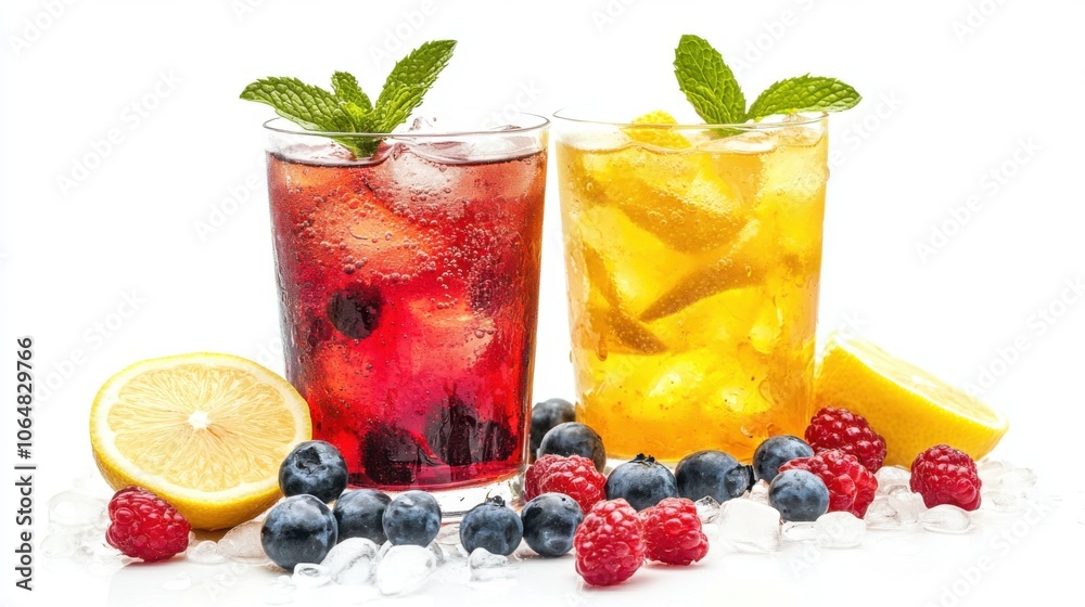 A vibrant display of ice-cold beverages, featuring A vibrant display of ice-cold beverages, featuring